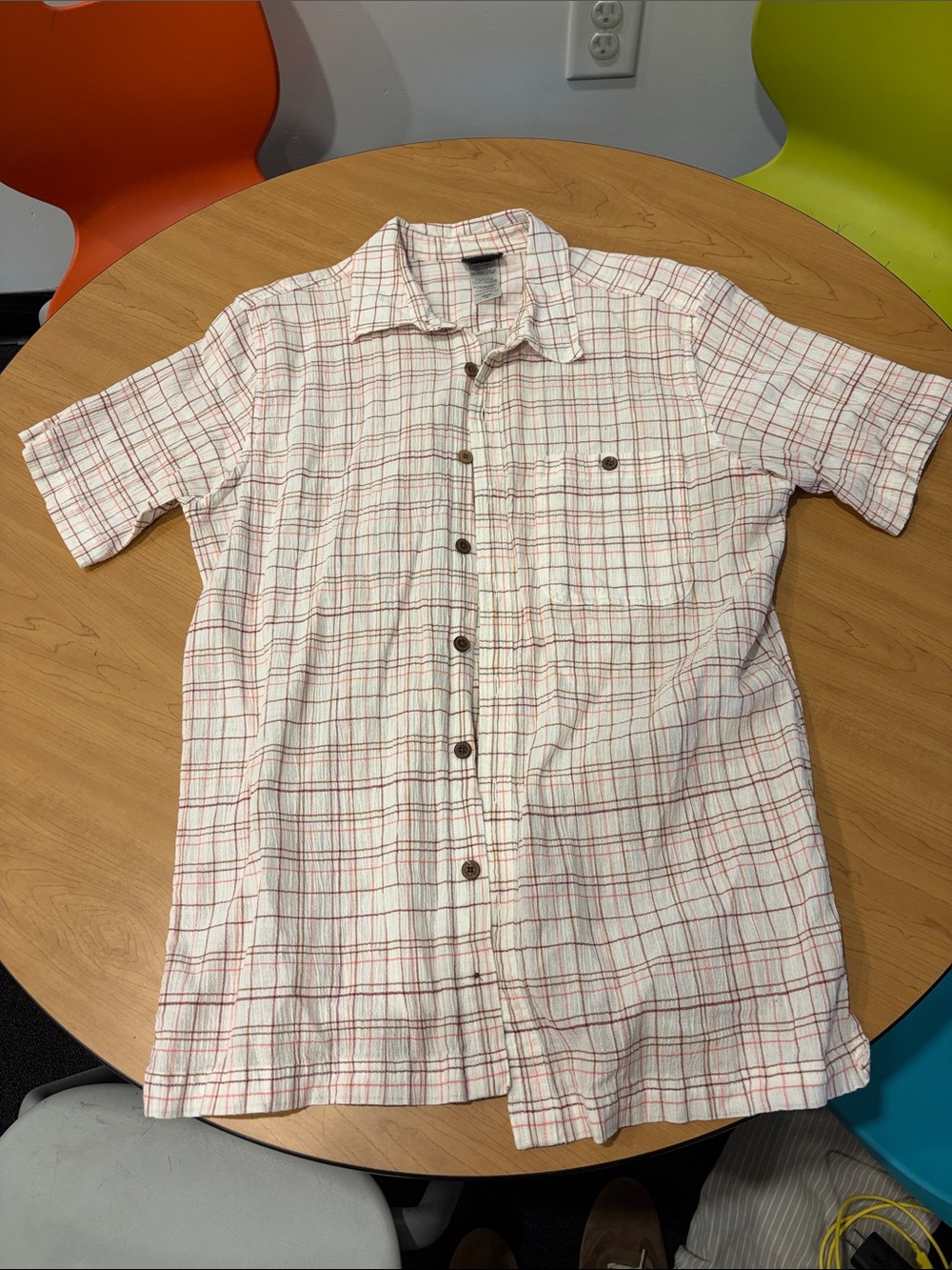 Patagonia White Short-Sleeve Button-Down with Red and Pink Plaid